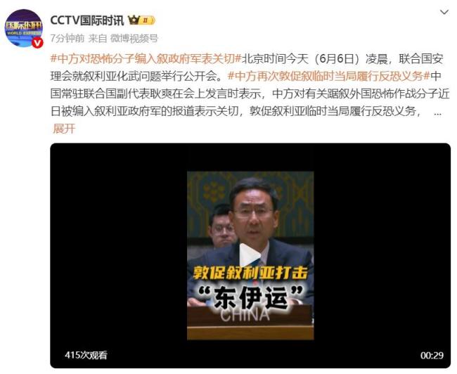 中方對恐怖分子編入敘政府軍表關(guān)切