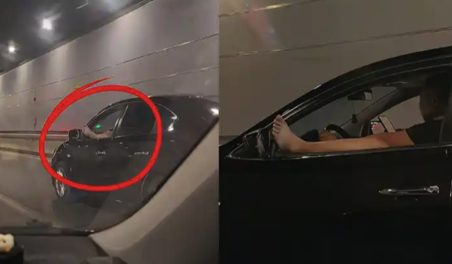 男子腳伸車窗外邊玩手機邊開車 拍攝者：耍雜技來了,？