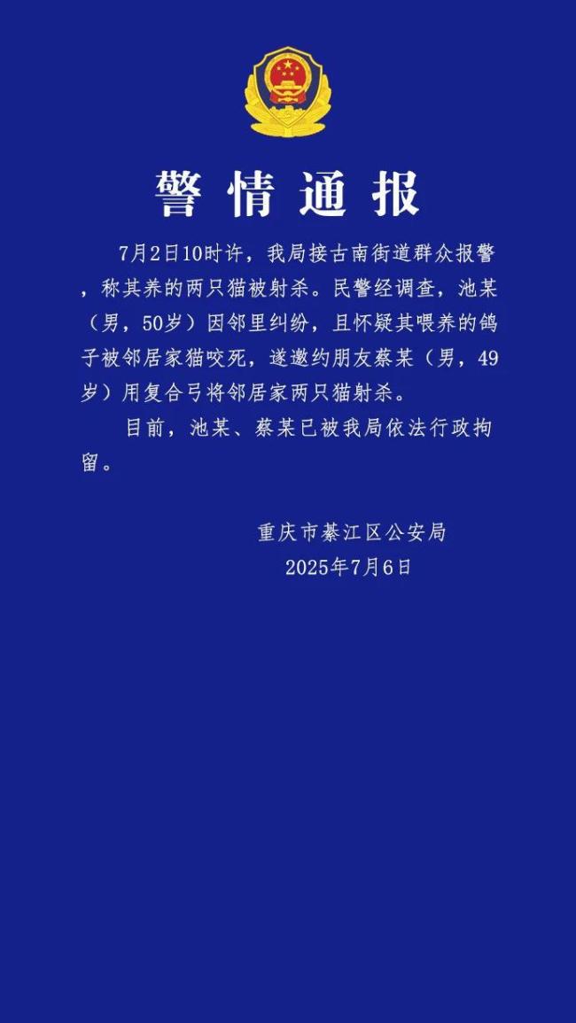 兩男子射殺鄰居家兩只貓被拘