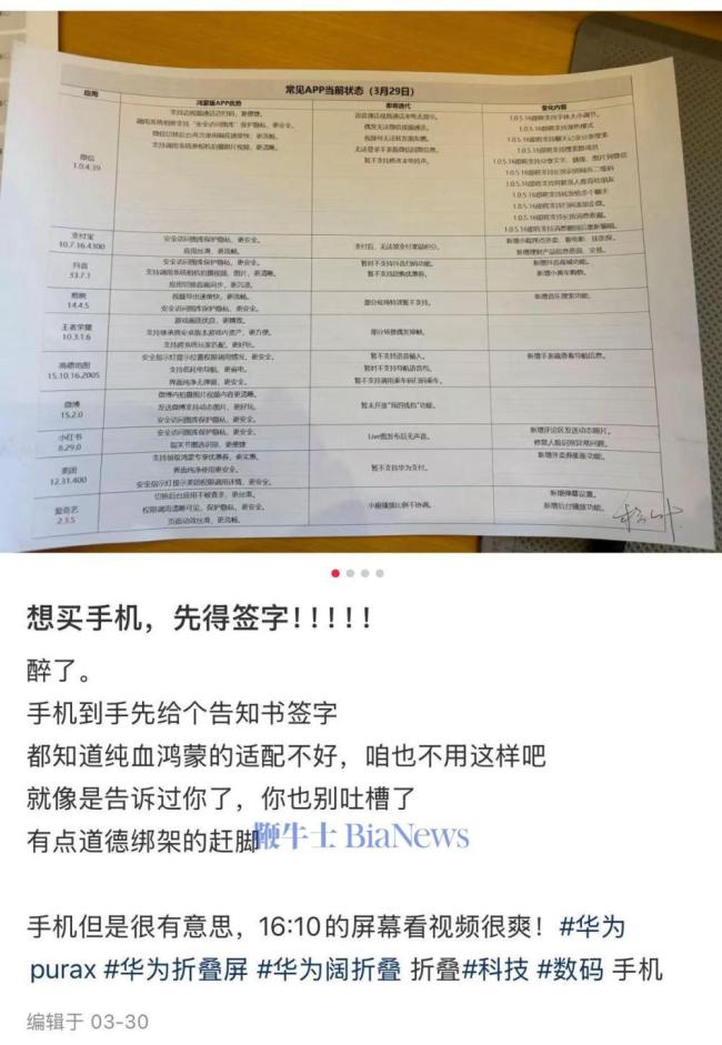 曝买华为原生鸿蒙手机要签知情书 购前需知功能待完善