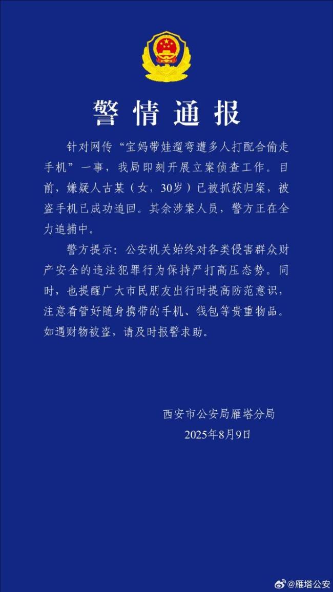 宝妈遛娃被偷手机嫌疑人被抓 警方迅速行动追回财物