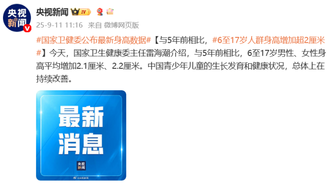 国家卫健委公布最新身高数据
