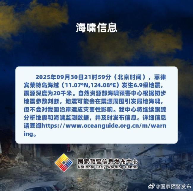 菲律宾群岛地区发生6.9级地震 引发局地海啸警报