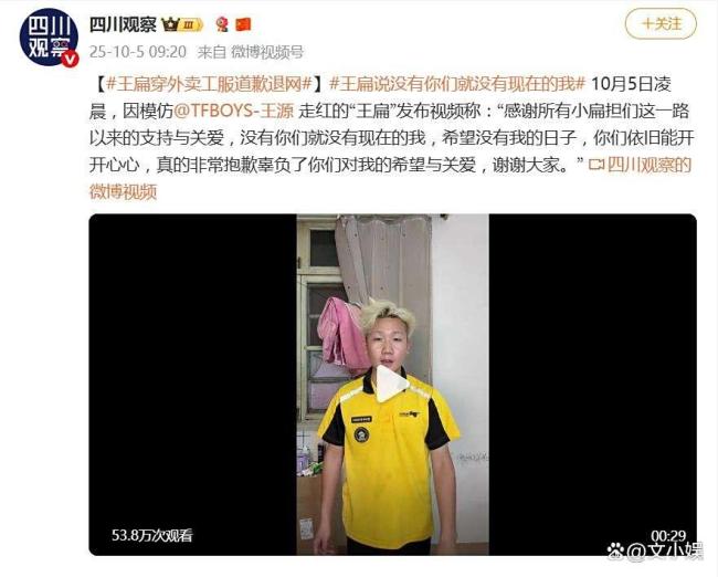 王扁穿外卖工服道歉退网 假退网真炒作