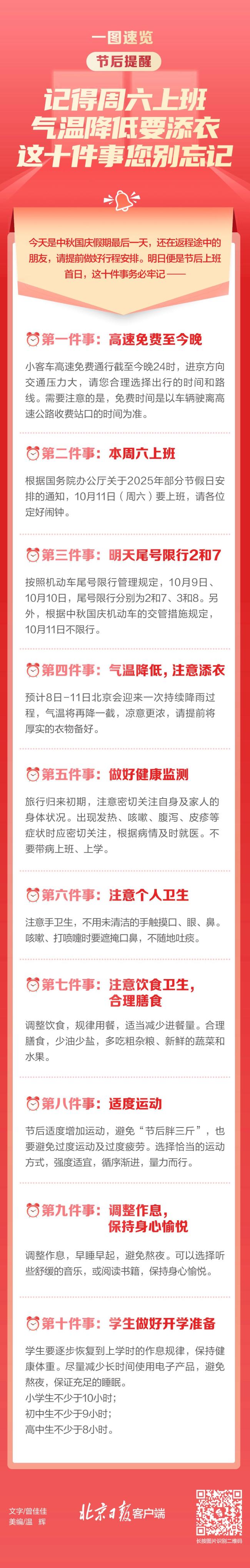 北京：节后提醒：记得周六上班，气温降低要添衣，这十件事您别忘记