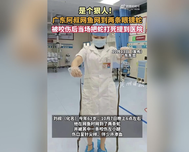 男子网鱼网到蛇 被咬伤后拎蛇就医