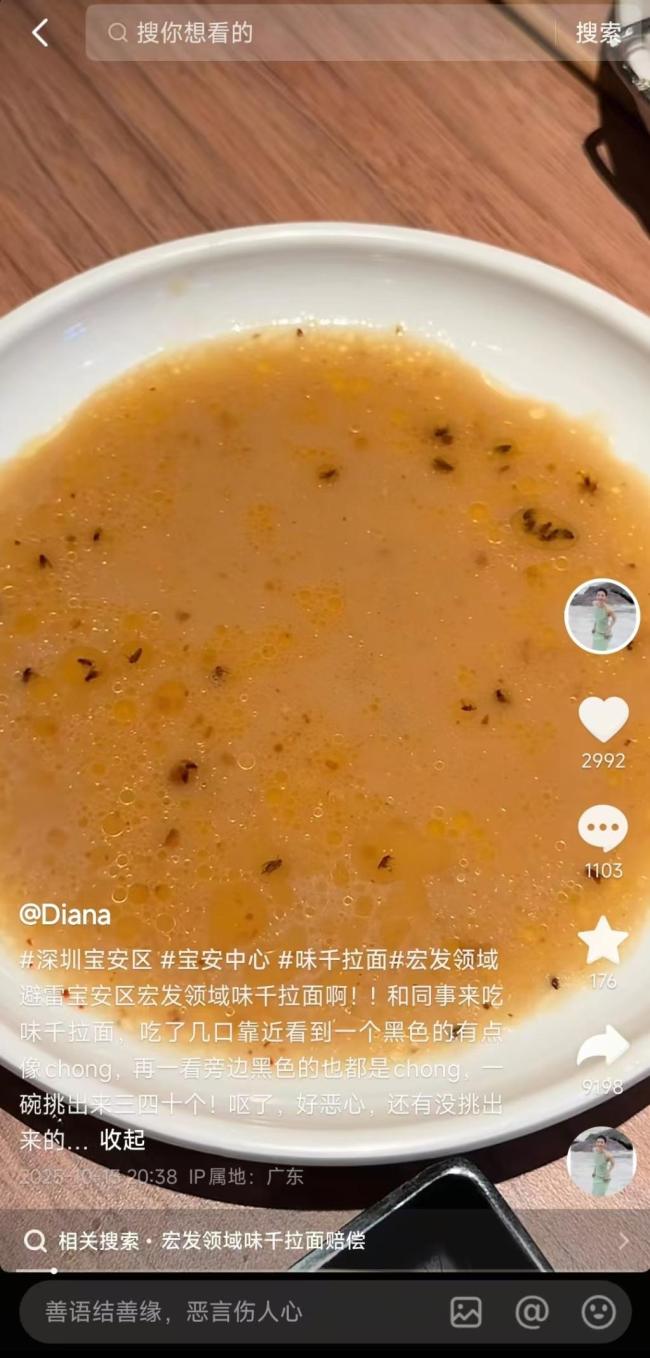 味千拉面碗里漂浮着许多黑色的小虫子。该商店