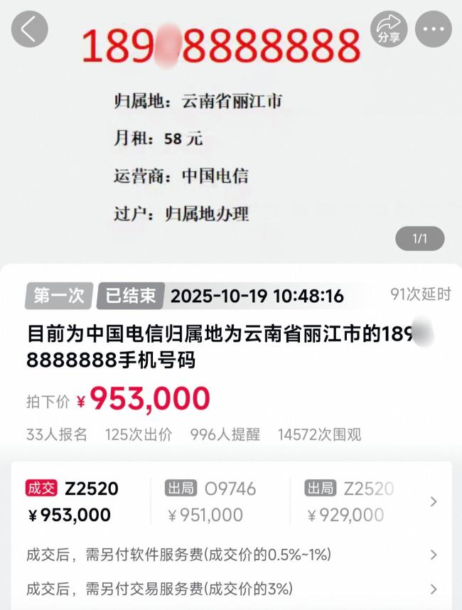一天拍出两个8888888号总价223万 竞拍激烈溢价高