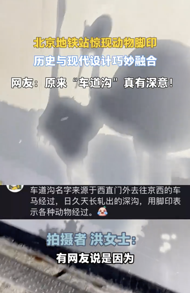 北京地铁站惊现动物脚印