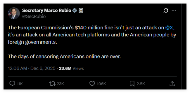 美国多名高官集体下场斥责欧盟 为X平台出气