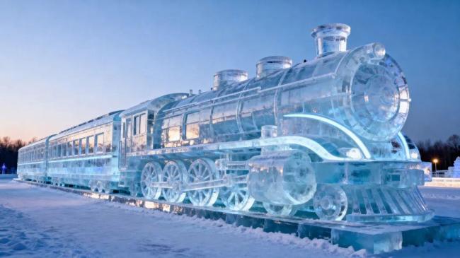 冰雪大世界冰火车“呜呜”吐蒸汽 科技再现历史风貌