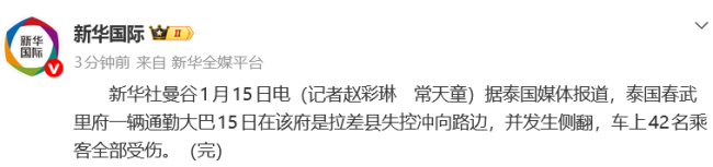 泰国大巴失控冲向路边侧翻