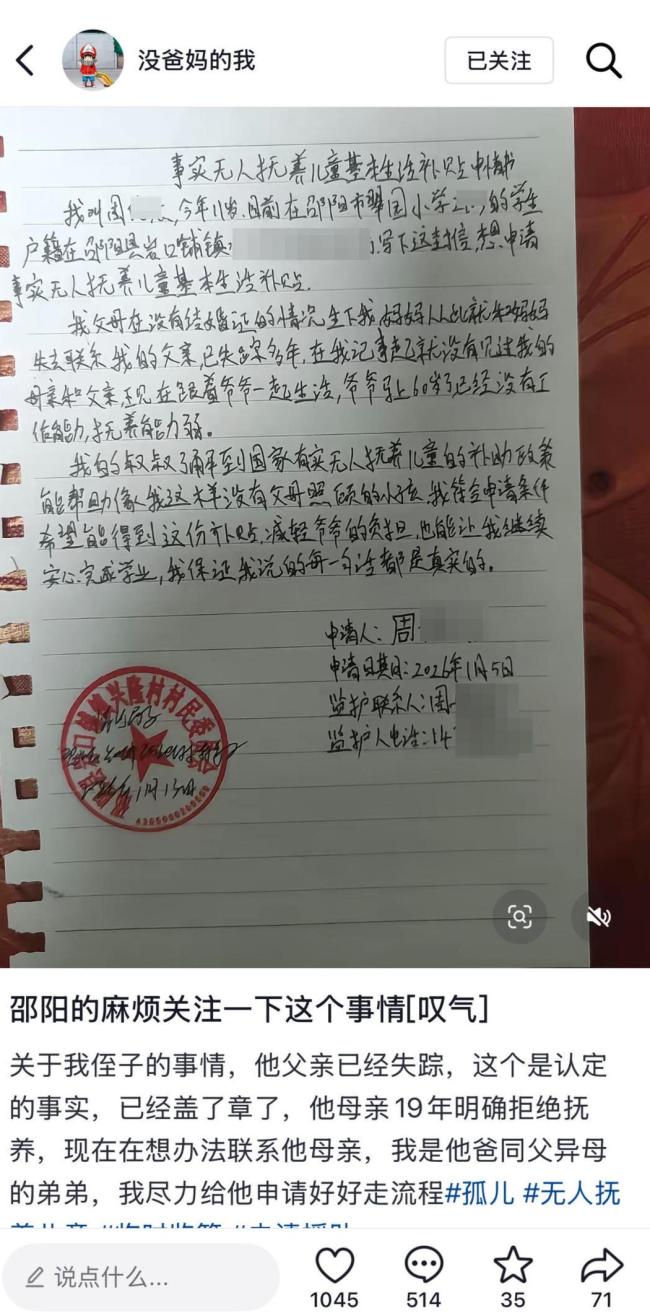 11岁事实孤儿母亲称已婚无力抚养 家属：其母亲称已婚无力抚养，孩子已办理低保