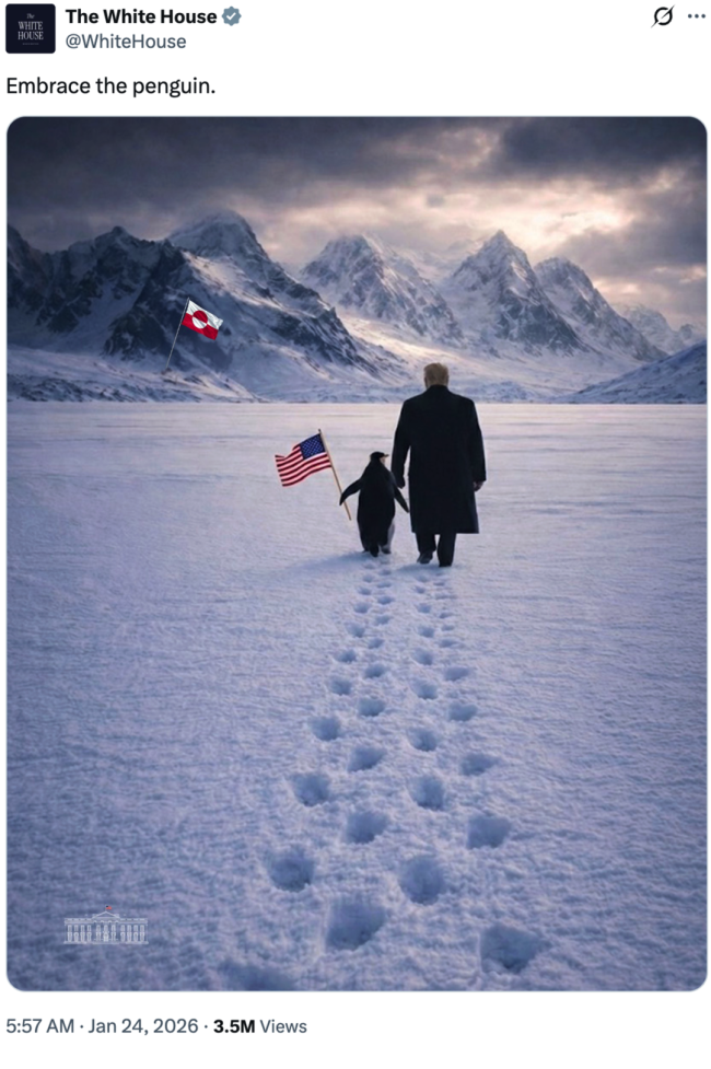 白宫晒特朗普在格陵兰岛牵企鹅照 引发网友科普热潮