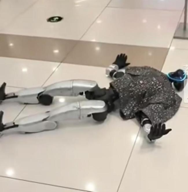 人形机器人表演碰到老人 双双倒地
