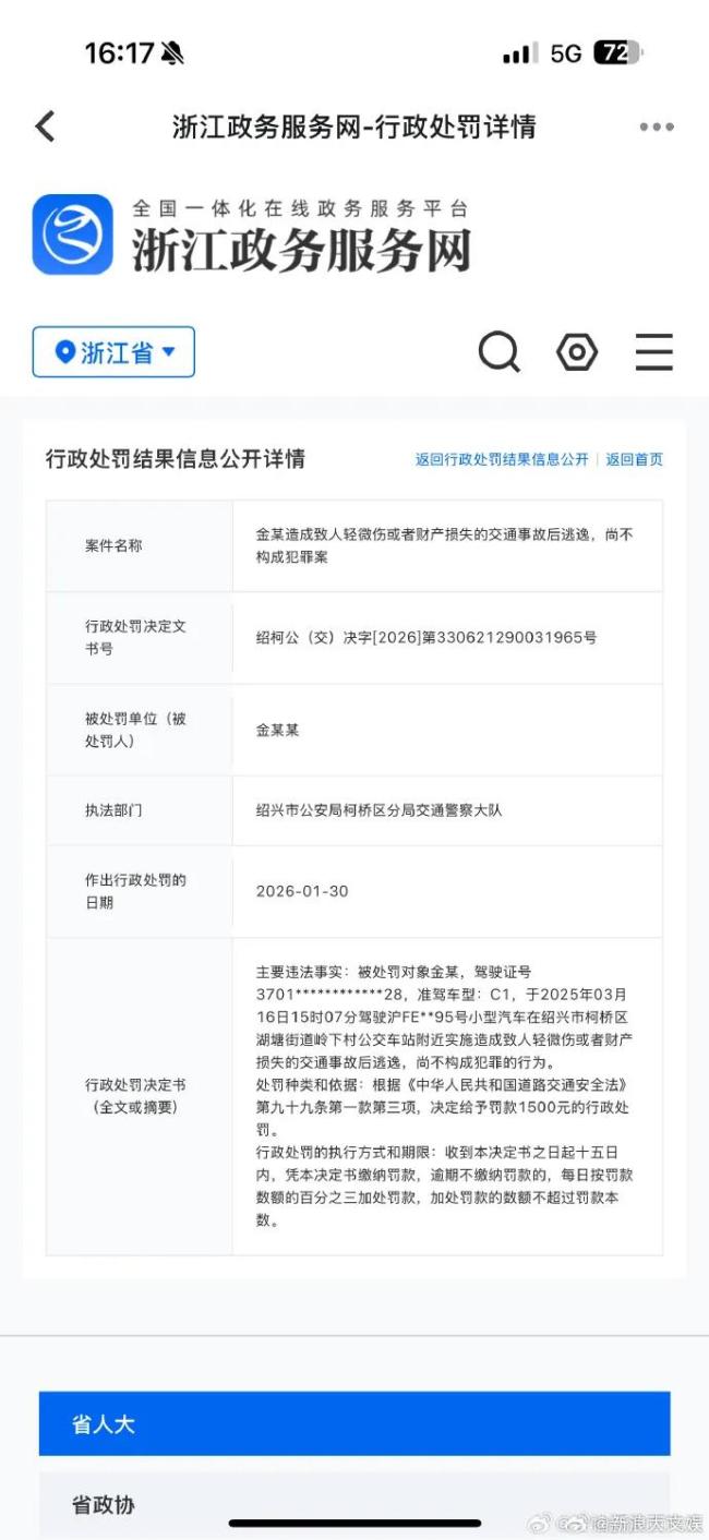 金晨肇事逃逸被罚1500元 不构成犯罪