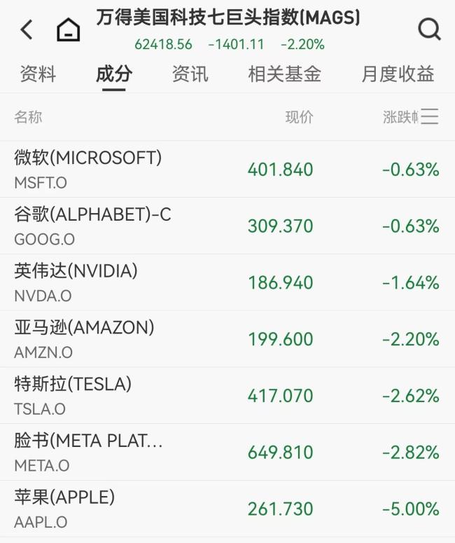 美股七巨头下跌 科技股重灾区