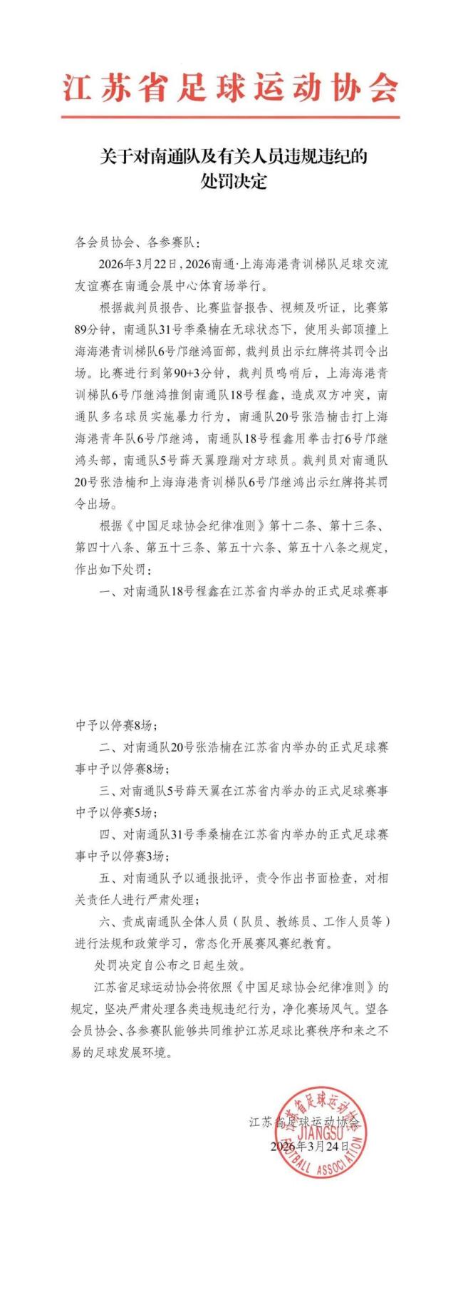 江苏足协开出苏超重磅罚单 严肃处理暴力行为