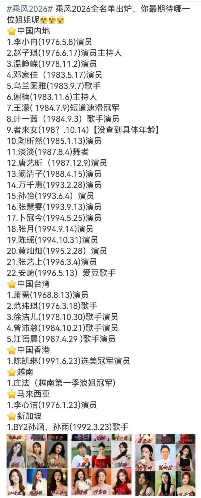 乘风2026排名 姐姐们赛前人气揭晓