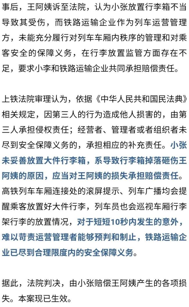 高铁上行李箱砸伤旅客谁负责