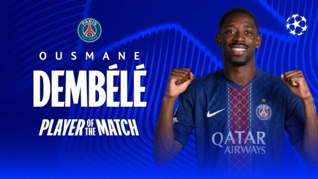 登贝莱当选巴黎2-0利物浦全场最佳