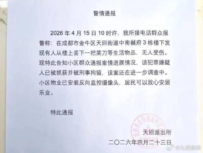 成都一小区天降菜刀 嫌疑人已被刑拘