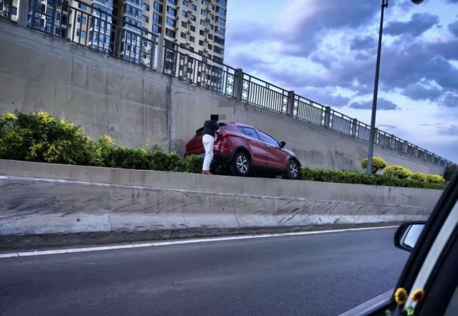 女子将车“停”进高处花坛引围观 奇特停车姿态惹人注目