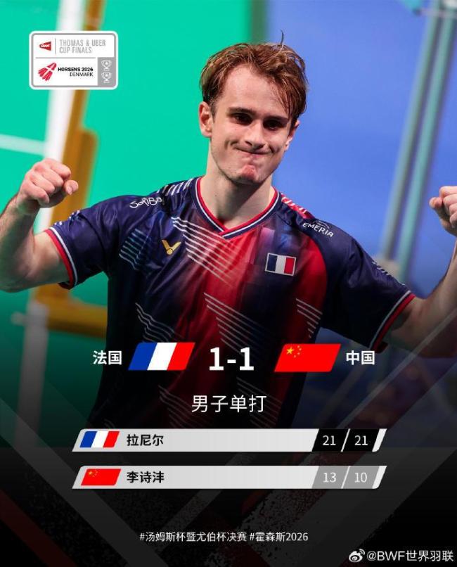 中國(guó)隊(duì)奪得第12個(gè)湯姆斯杯冠軍 3-1戰(zhàn)勝法國(guó)隊(duì)