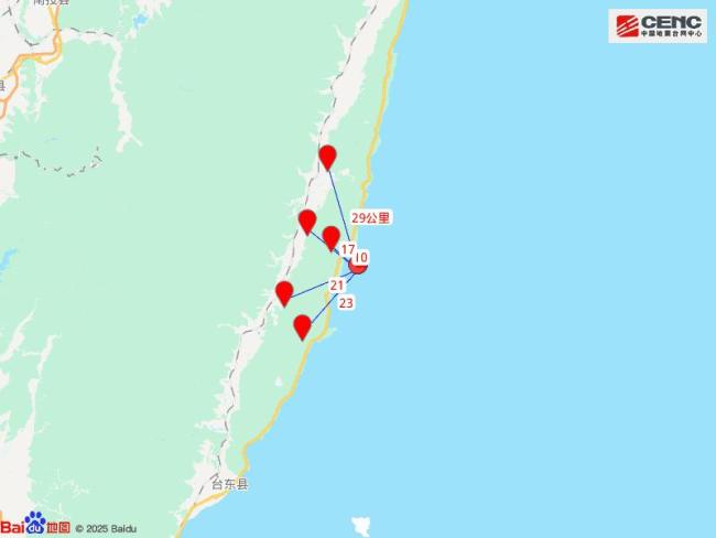 台湾台东县海域发生5.1级地震 震源深度20公里