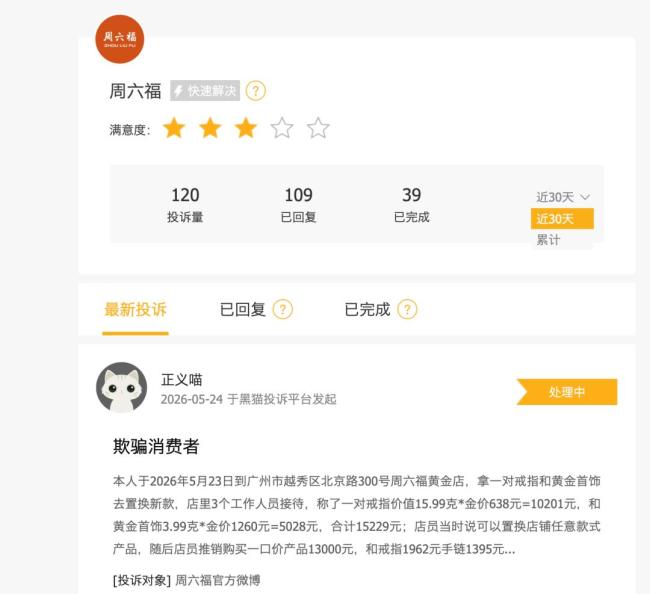 周六福售卖不合格足银手镯被罚 品控问题频发