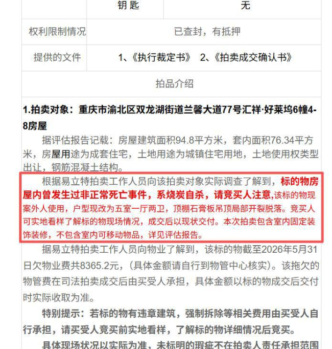重庆一凶宅将被法拍 起拍价39万 曾发生烧炭自杀事件