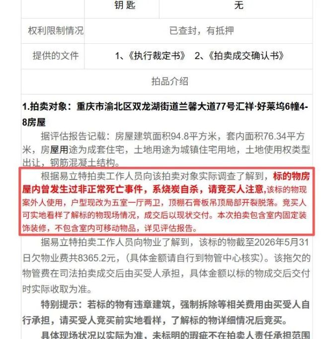 重慶一兇宅39萬余元起拍 曾發(fā)生燒炭自殺事件