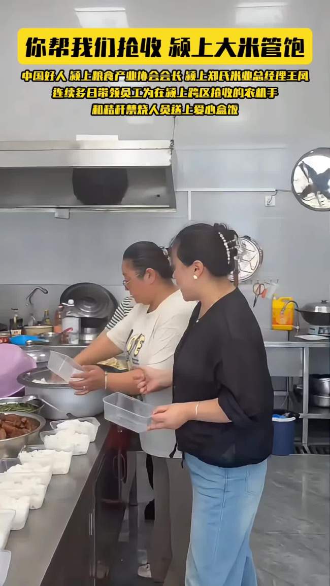 追收割机送饭的大姐送出200多份盒饭
