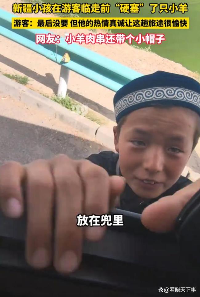 新疆小孩在游客临走前硬塞小羊 纯真心意感动网友