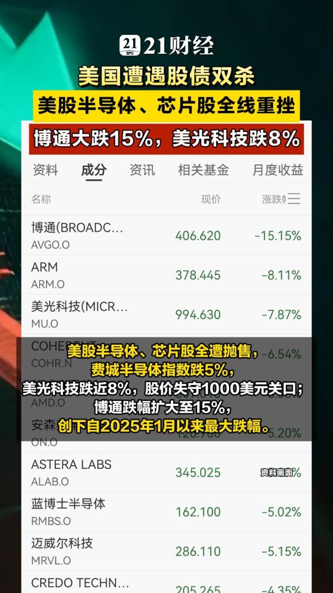 美股芯片股，全線下跌 半導(dǎo)體板塊遭重挫