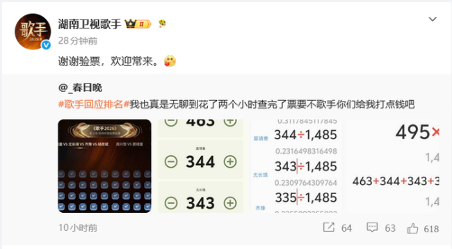 網友花2小時核對《歌手》票數 官方回應 數據一致獲贊