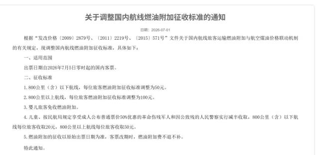 国内航线燃油附加费将大幅下调