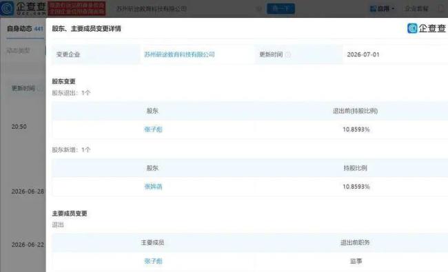 张姩菡接手张雪峰公司股份 未成年女儿接棒持股