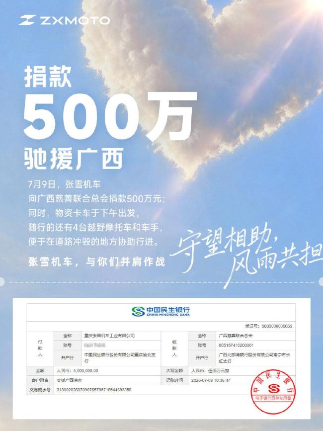 张雪机车向广西受灾地区捐赠500万元