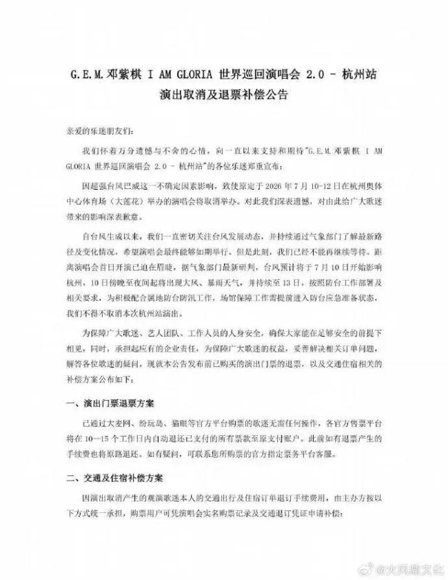 邓紫棋演唱会因台风巴威取消 首次因天气原因叫停演出