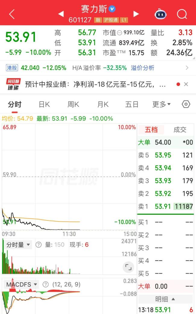 赛力斯A股股价跌停