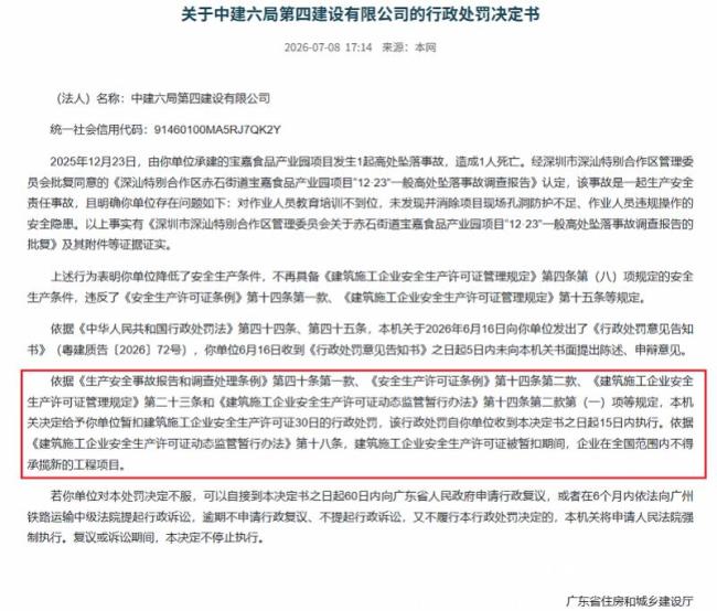 中建六局四公司等被扣1月施工许可证