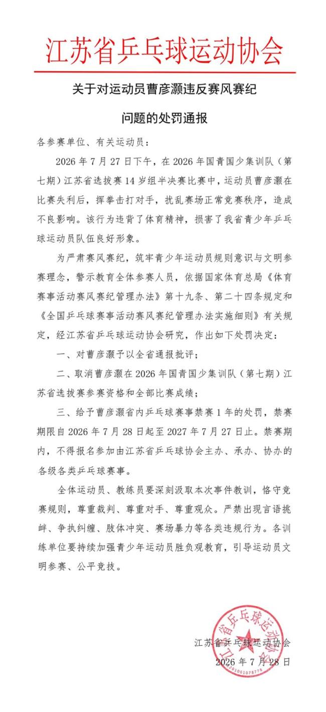 乒乓球运动员输球后殴打对手 官方通报