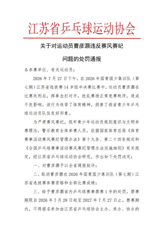 乒协国青国少选拔赛,14岁选手输球后拳打脚踢对手,省内禁赛1年 赛场暴力引关注