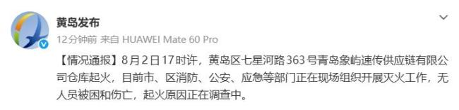 山东青岛一仓库起火 官方通报 无人员伤亡灭火进行中
