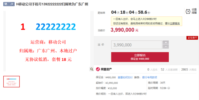 两个尾号22222222手机号二次拍卖 高价靓号再寻买家