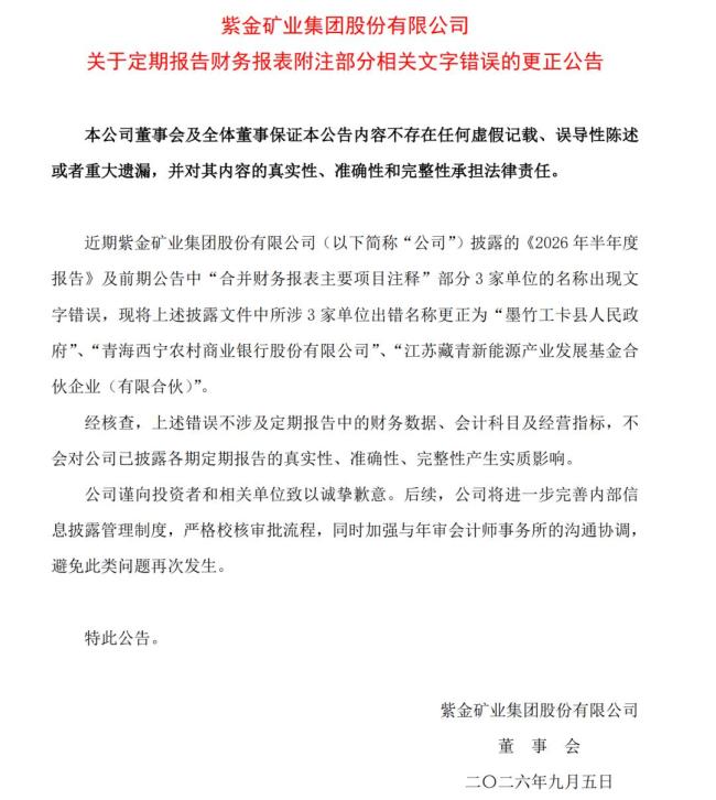 错写成“人民币政府”，紫金矿业致歉 半年报多处错误引发热议