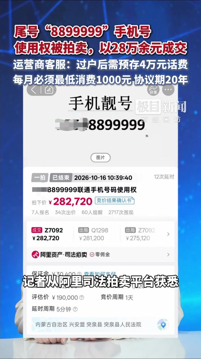 手机尾号8899999拍出28万元