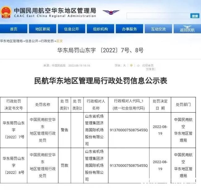 民航局通报济南机场“8.9”航班备降事件 济南机场再度被行政处罚