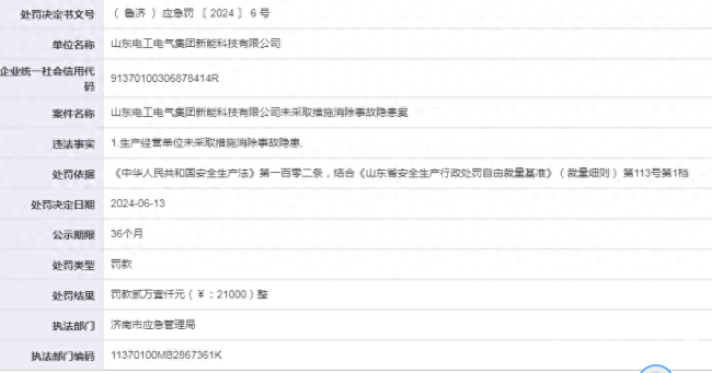 因未采取措施消除事故隐患，山东电工电气集团新能科技有限公司被罚21000元